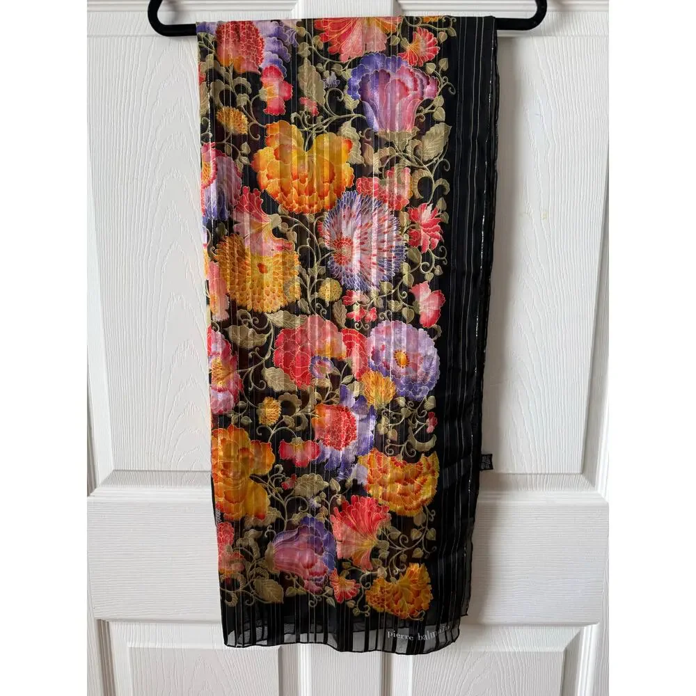 Pierre Balmain Black Floral 100% Silk Chiffon Wrap Scarf Vtg Y2K Made‎ in France